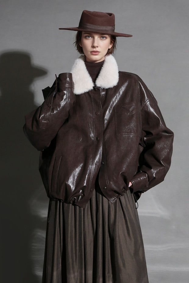 Luxury Sheepskin Down Jacket – Short Oil-Wax Leather Coat with Mink Fur Collar & Goose Down Fill, Winter Outerwear