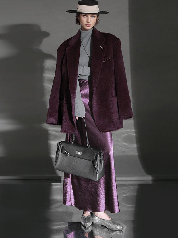 Luxury Suri Baby Alpaca Wool Coat for Women – Tailored Blazer Collar Winter Jacket, Elegant Wool & Fur-Blend Outerwear