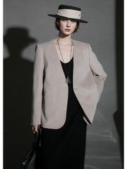 Soft Cashmere Blend Blazer for Women – V-Neck Structured Shoulder Suit Jacket, Elegant Office Wear for Fall