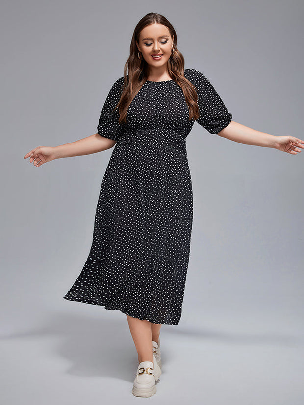 Plus Polka Dot Round Neck Puff Sleeve Midi Dress