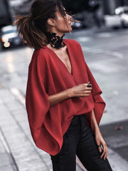 Loose Batwing Sleeves Solid Color V-Neck Blouses&Shirts Tops