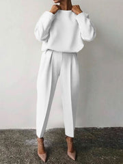 Casual Solid Color Round Neck Pencil Pants Suit