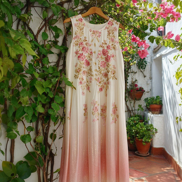 Elegant Flowers Embroidered Pink Gradient Linen Midi Dress