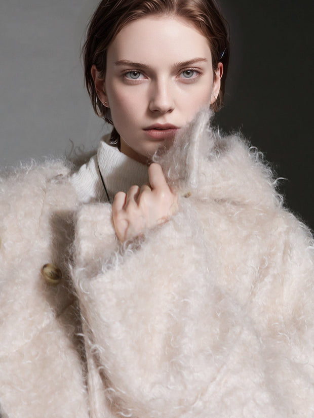 Cloud Plush Hooded Mohair Wool Coat for Women – Double-Faced Teddy Textured Wool Overcoat, Soft and Warm Winter Outerwear