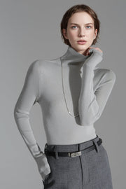 Merino Wool Minimalist Mock Neck Ribbed Knit Top – Cross-Strap Seamless Solid Color Sweater