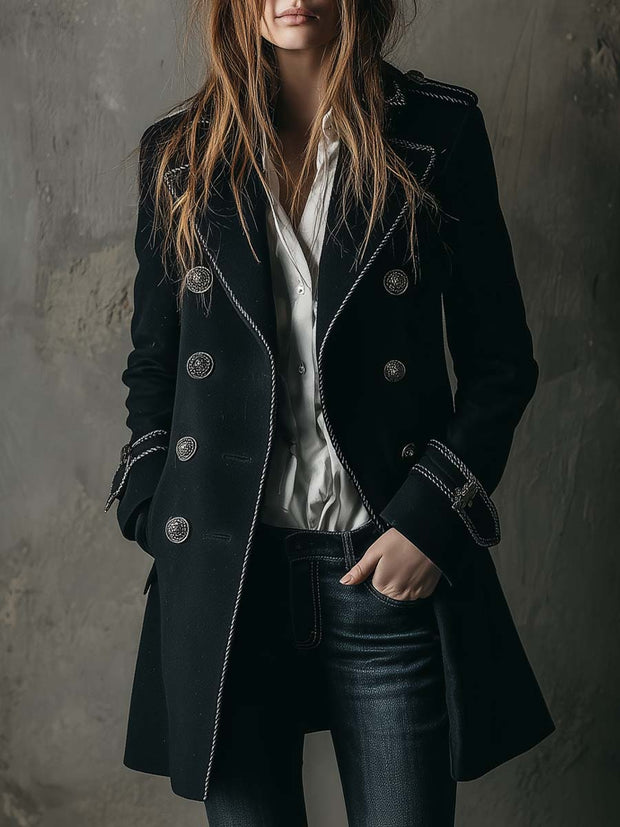 Black Double-Breasted Military Coat With Silver Detailing