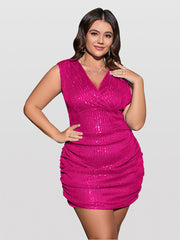 Plus Sequin V Neck Ruched Party Dress