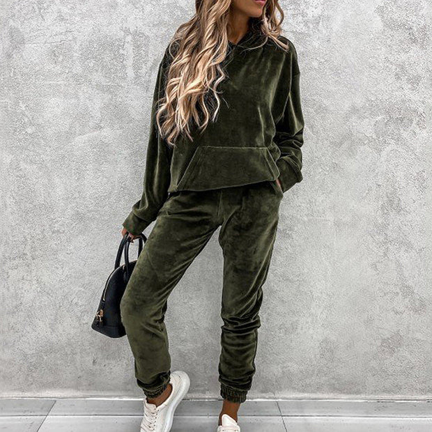 Women's solid color hooded sports casual suit