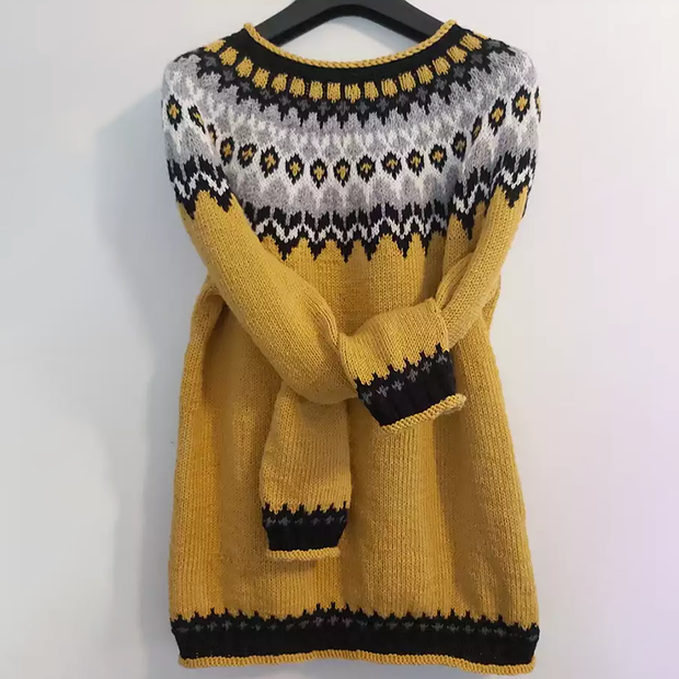 Unisex Vintage Icelandic Yellow Knit Jacquard Warmth Crew Neck Sweater