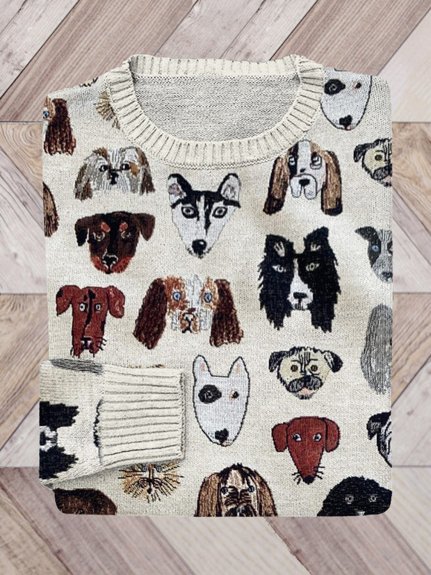 Cartoon Puppy Headshot Family Print Knit Cozy Sweater