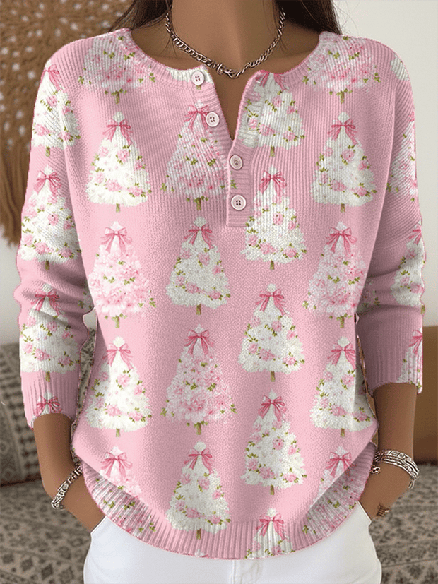 Women's Christmas Print Knit Button Top