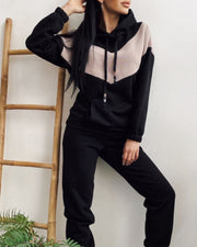 Casual Color Block Hooded Sweatshirt Set