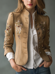 Retro Contrast Trim Floral Embroidered Jacket