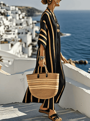 Classic V-neck Drop Shoulder Striped Midi Dress