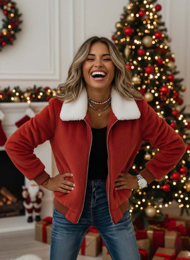 Women'S Christmas Contrasting Plush Patchwork Jacket