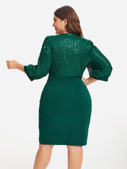 Contrast Sequin Lantern Sleeve Split Hem Dress