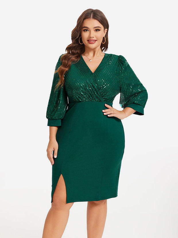 Contrast Sequin Lantern Sleeve Split Hem Dress