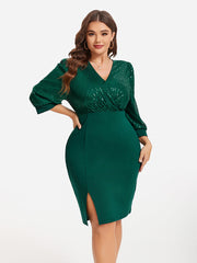 Contrast Sequin Lantern Sleeve Split Hem Dress