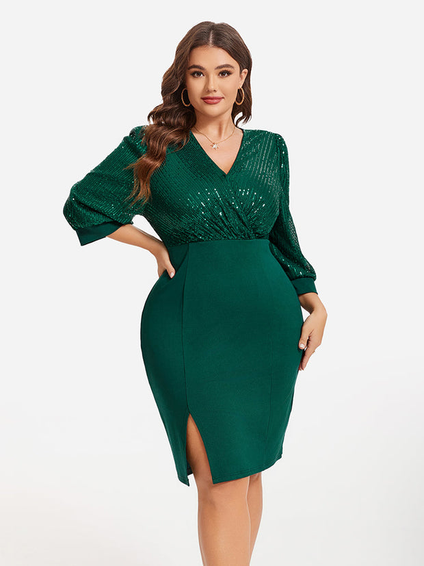 Contrast Sequin Lantern Sleeve Split Hem Dress