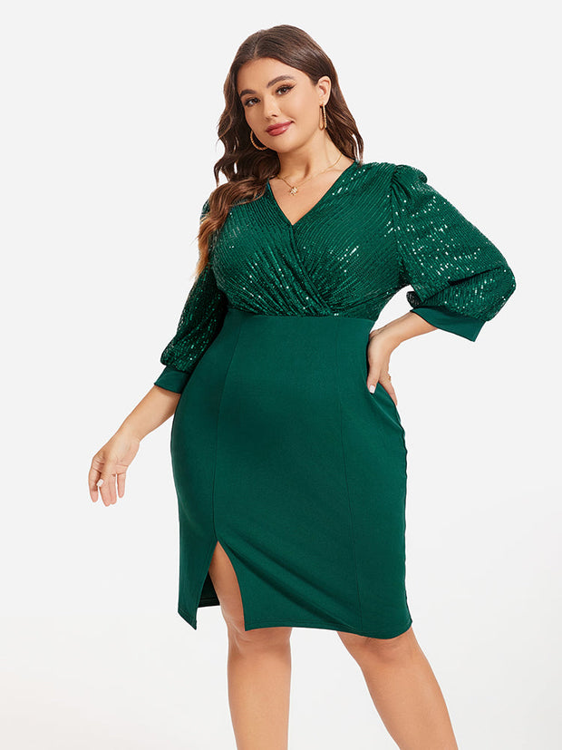 Contrast Sequin Lantern Sleeve Split Hem Dress