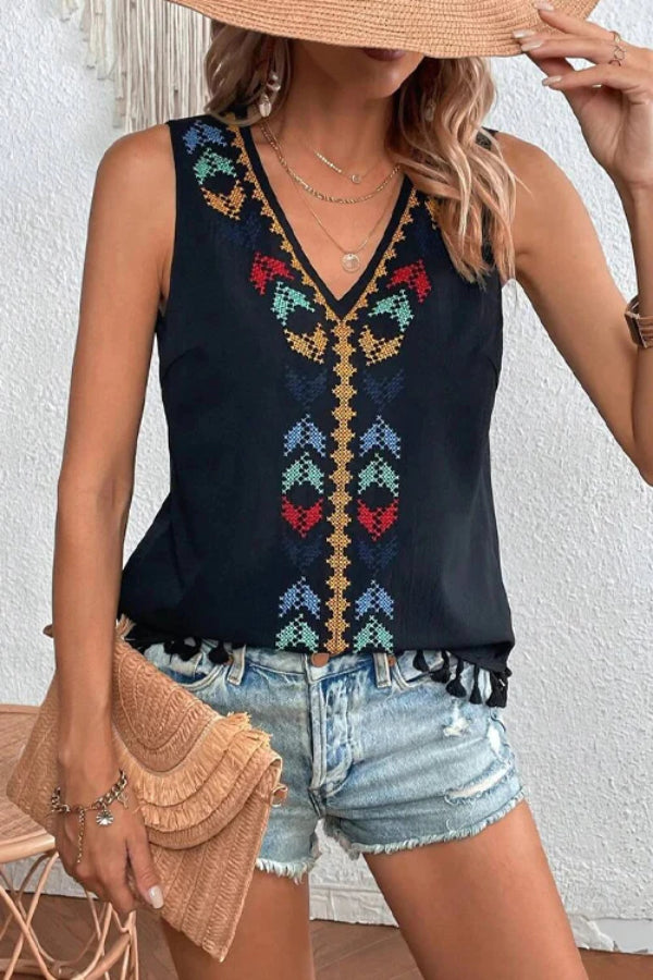 JUST BE YOU BOHO EMBROIDERED TASSEL SLEEVELESS TOP - 4 COLORS