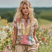 Women's Floral Embroidery Art V Neck Comfy Shirt