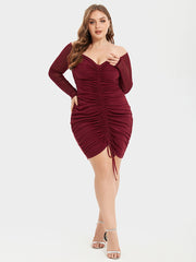 Contrast Mesh Drawstring Ruched Party Dress