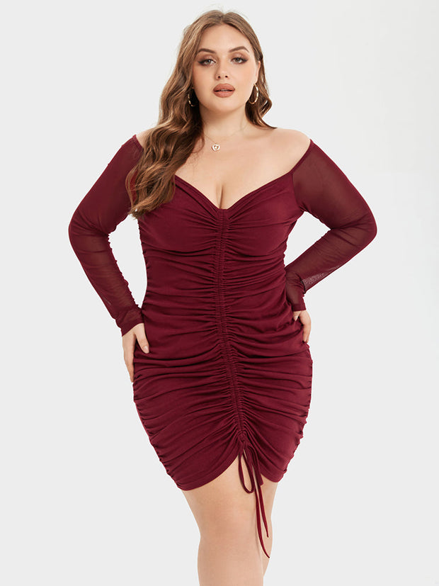 Contrast Mesh Drawstring Ruched Party Dress