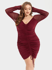 Contrast Mesh Drawstring Ruched Party Dress