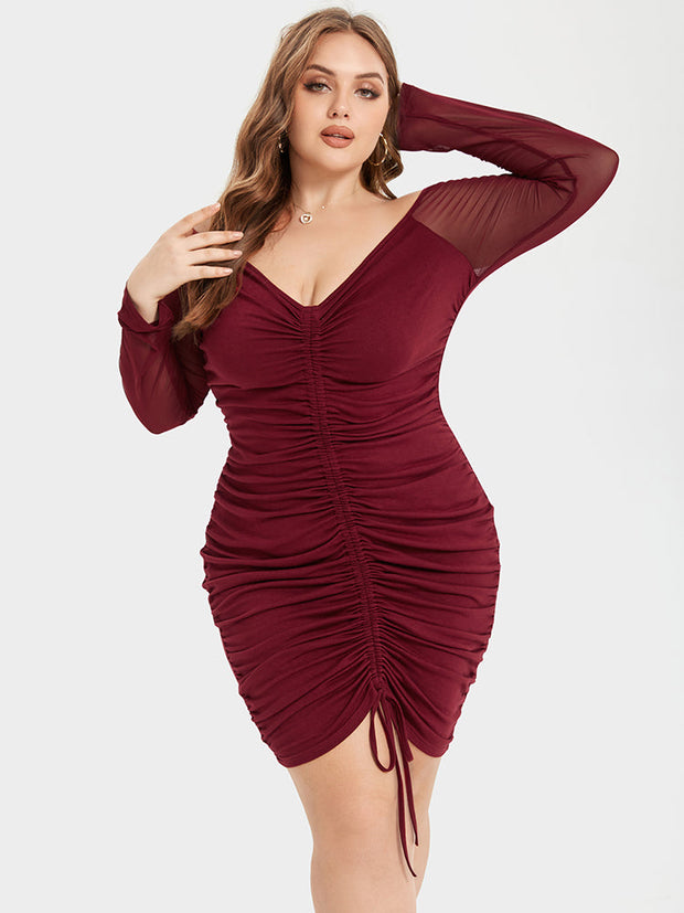 Contrast Mesh Drawstring Ruched Party Dress