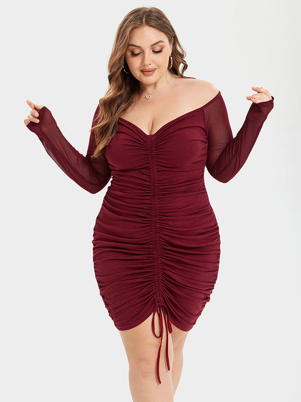 Contrast Mesh Drawstring Ruched Party Dress