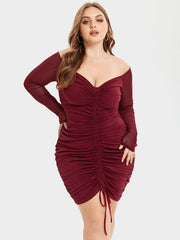 Contrast Mesh Drawstring Ruched Party Dress