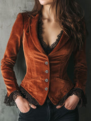 Burnt Orange Velvet Corset Tailored Jacket With Lace Trim