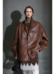 Women’s Vintage Waxed Sheepskin Leather Jacket – Distressed Blazer Collar Trendy Moto Outerwear