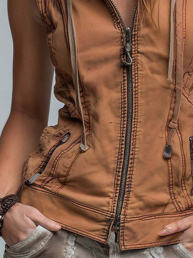 Vintage Washed Utility Style Hoodie Vest