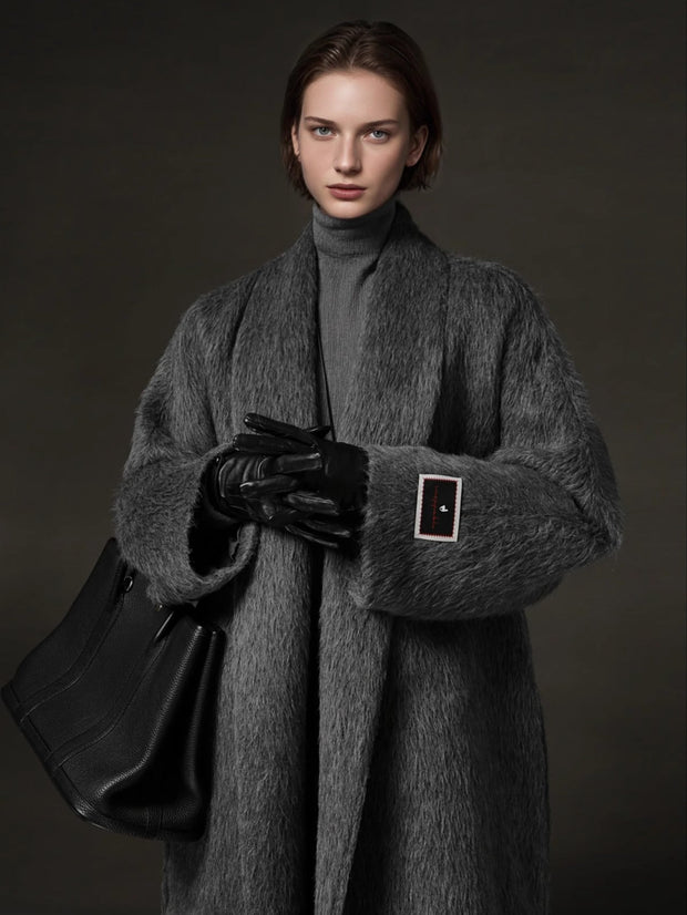 Luxury Suri Alpaca Wool Coat for Women – Double-Faced Winter Fur-Trim Overcoat with Chic Lapel Collar