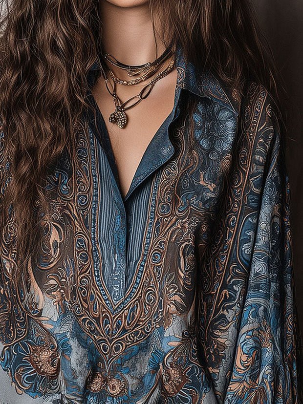 Retro Blue Bronze Baroque Paisley Print Loose Blouse