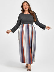 Plus Colorblock Striped Patchwork Pocket Maxi Dress Without Belt