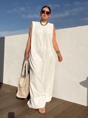 Sleeveless Wide Leg Shoulder Pad Solid Color Jumpsuits