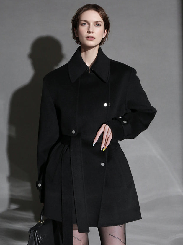 French Minimalist Chic Wool Coat for Women – Double-Faced Cashmere Overcoat with Lapel and Metal Buttons, Fall Winter Elegant Outerwear
