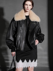 Trendy Shearling Collar Leather Jacket for Women – Short Moto Style PU Coat for Fall Winter