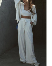 Hooded lantern sleeve top and wide-leg pants two-piece set