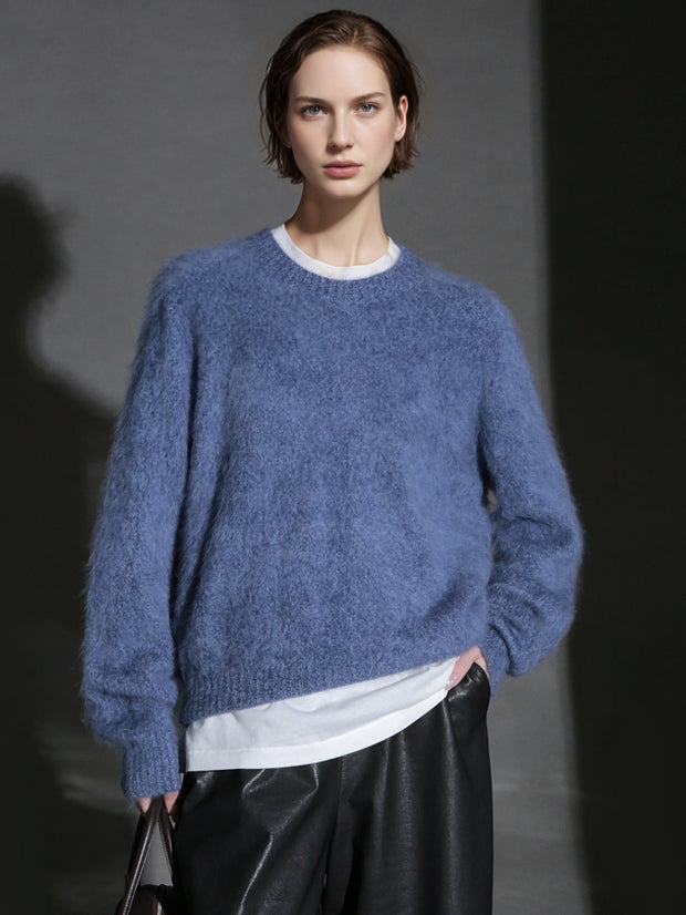 Luxury Seamless Wool Crew Neck Long Sleeve Knit Sweater – Soft and Cozy Wool Fleece with an Elegant Lazy Chic Vibe