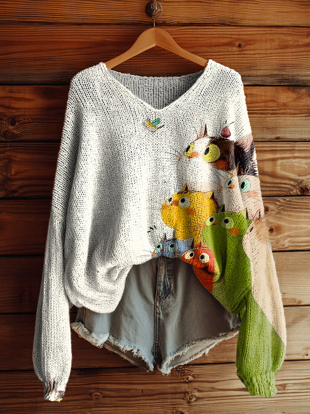 Women's Cute Cat Art Print Casual Pullover Sweater