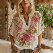 Women's Vintage Floral Art V Neck Linen Short Sleeve T-shirt