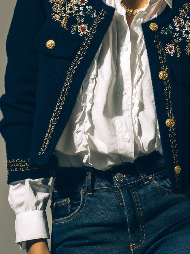Vintage Navy Embroidered Cropped Military Jacket