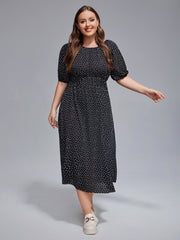 Plus Polka Dot Round Neck Puff Sleeve Midi Dress