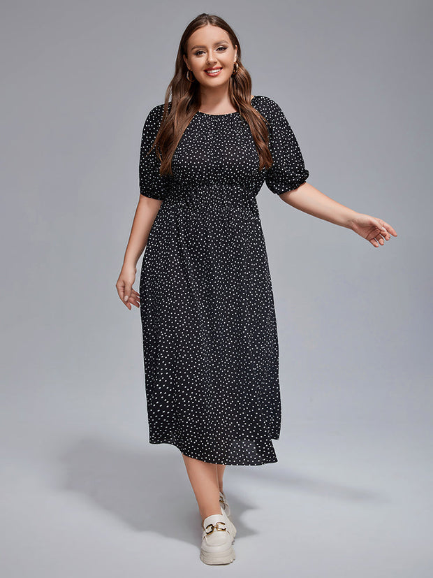 Plus Polka Dot Round Neck Puff Sleeve Midi Dress