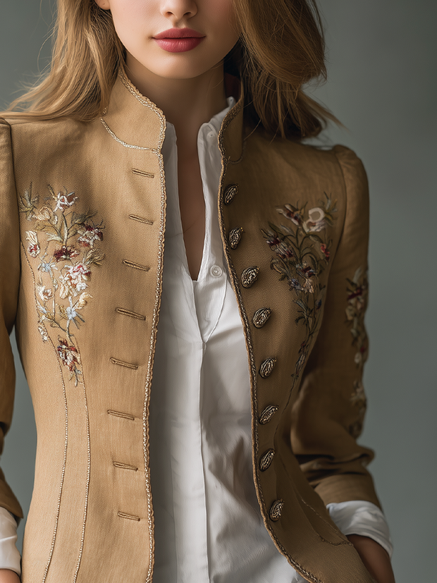 Retro Contrast Trim Floral Embroidered Jacket