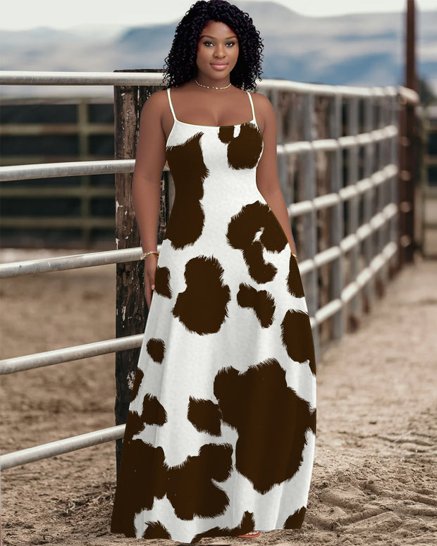 Sling Western Style Yak Print Pocket Maxi Dress